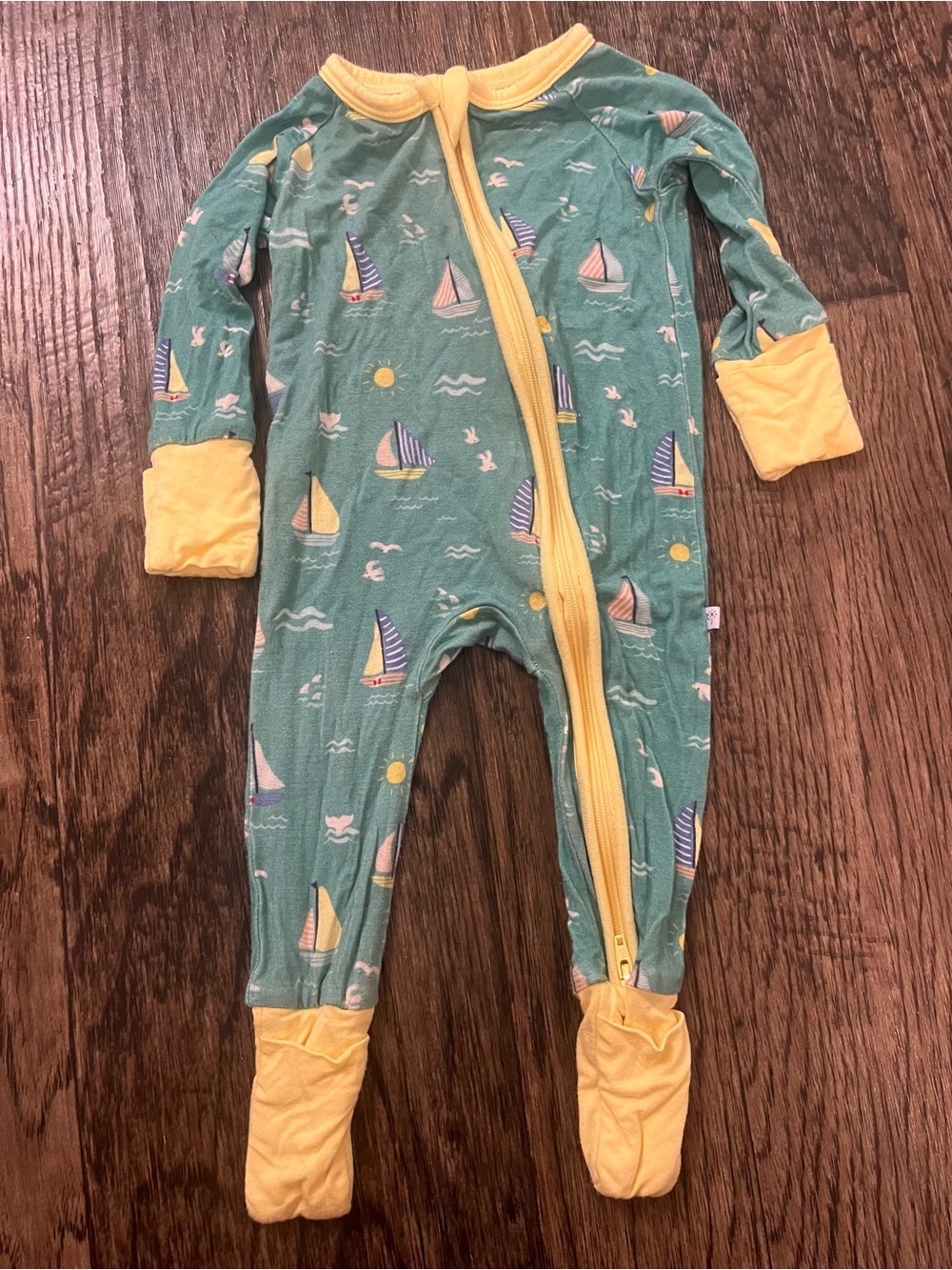 Sailboat Print Green Footed Pajamas with Yellow Trim - Kids